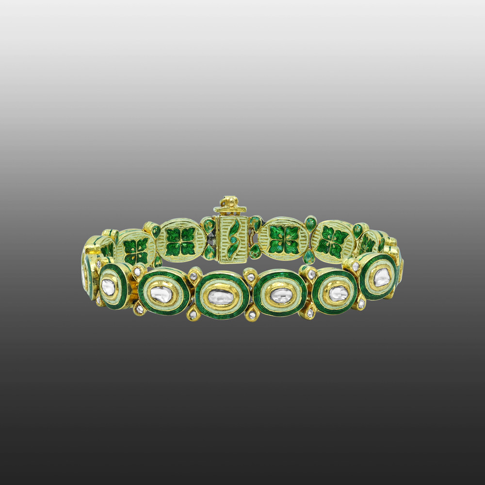 Polki Diamond Bracelet with Oval Green Enamel